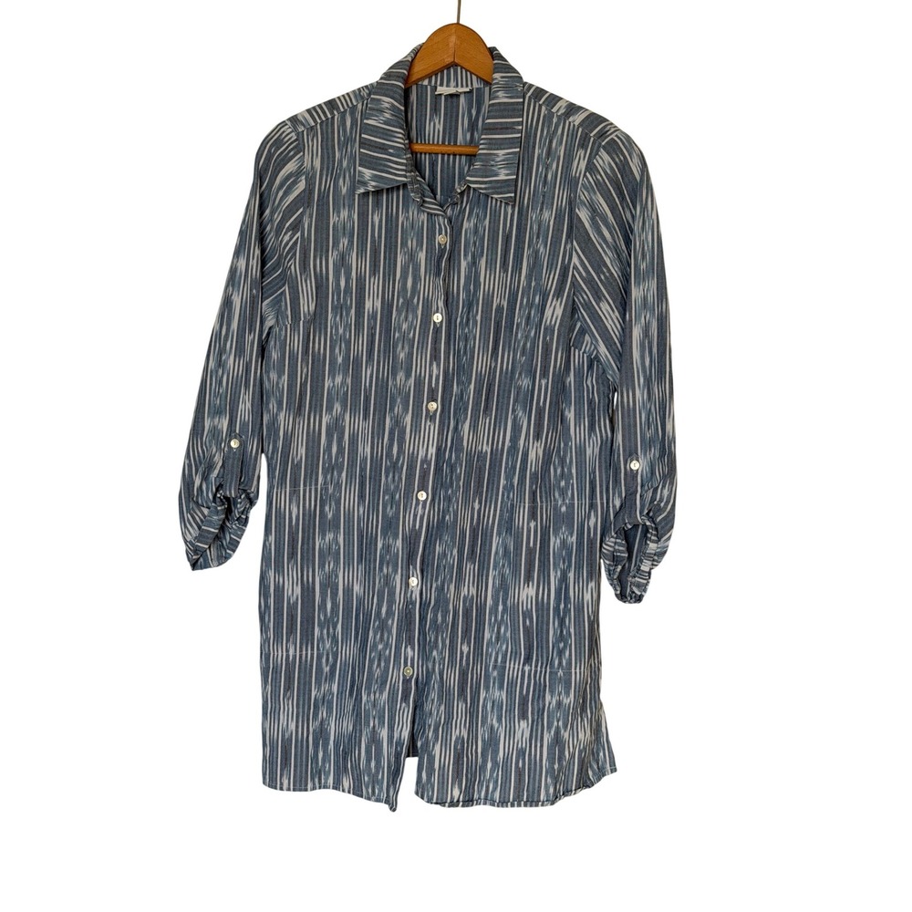 Pure Jill Tunic Women L Blue Ikat Stripe Cotton Roll-Tab Button Front Shirt